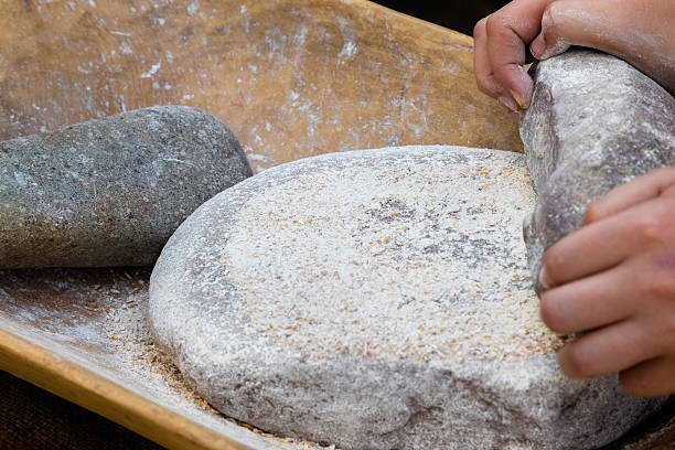 Making flour in a traditional way for the Neolithic era stock photo