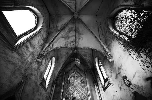 Inside of old ruined church. Black and white image