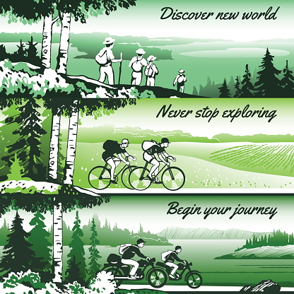 Outdoor thematic vector banner design with traveling people and great wild landscapes graphics. Brochure,flyer,booklet,card template set for product promotion and advertising