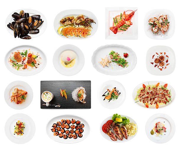 istock Set of various fish dishes isolated on white 505269108