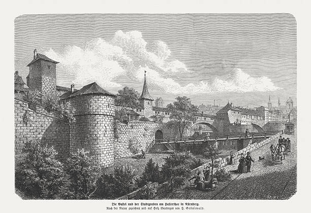 ilustraciones, imágenes clip art, dibujos animados e iconos de stock de ciudad de pared en nuremberg, grabado en madera, publicado en 1873 - basteifelsen