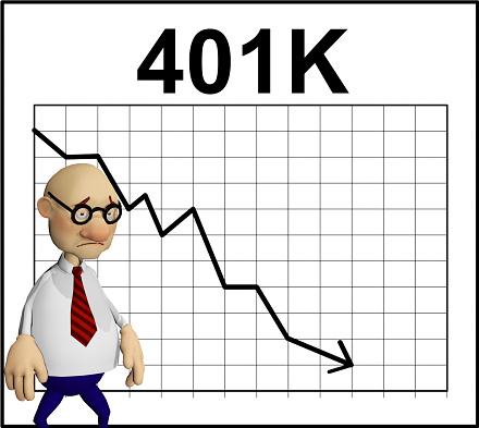a rendered illustration of a cartoon character standing in front of a chart showing his 401K retirement going down the tubes