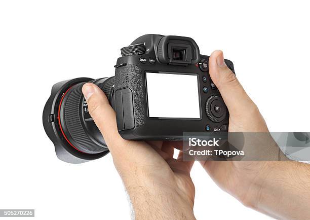 Photo Camera In Hand Stock Photo - Download Image Now - Camera - Photographic Equipment, Digital Single-Lens Reflex Camera, Aiming