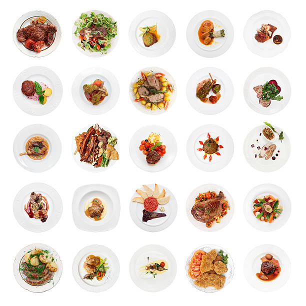 conjunto de varios platos de carne toma realizada desde arriba, aislado - aperitivo plato de comida fotos fotografías e imágenes de stock