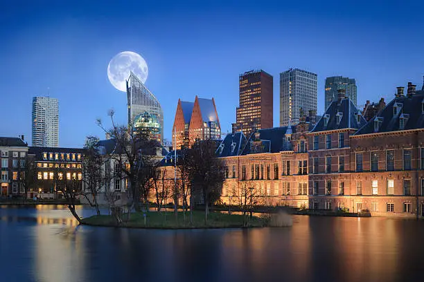 exterior of the parliament buildings in The Hague with its modern ministries in the background; The Hague, Netherlands