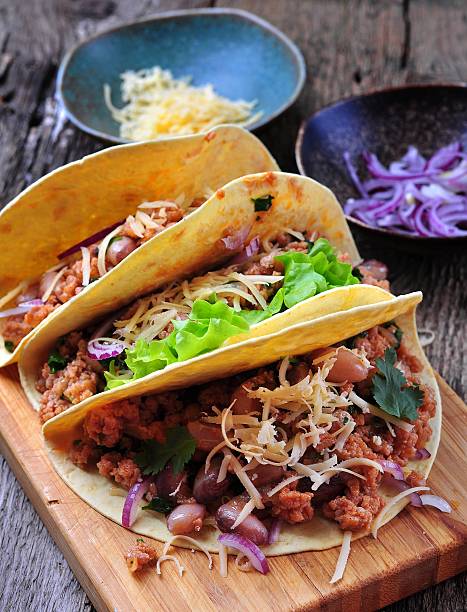istock tacos with minced meat with beans, cheese and onion 505270426