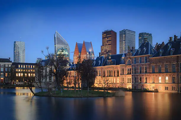 exterior of the parliament buildings in The Hague with its modern ministries in the background; The Hague, Netherlands