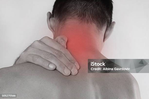 Man Rubbing His Painful Neck Pain Relief Concept Stock Photo - Download Image Now - Adult, Adults Only, Back