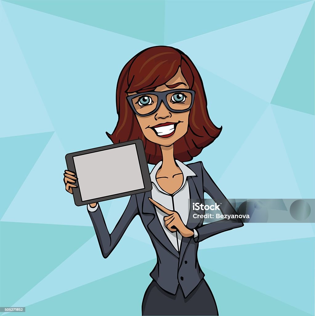 Illustration of  tablet screen for presentation applications. Illustration of an office  employee showing tablet screen for presentation applications. Tools for remote working via mobile devices. Woman with tablet pointing finger Adult stock vector