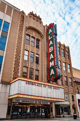 Birmingham Alabama, USA - March 09, 2013: The marquee and neon sign of the historic Alabama Theatre in Birmingham, Alabama. 