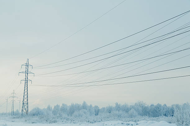 Big frosty power lines among winter snowy park near building. Aerial view