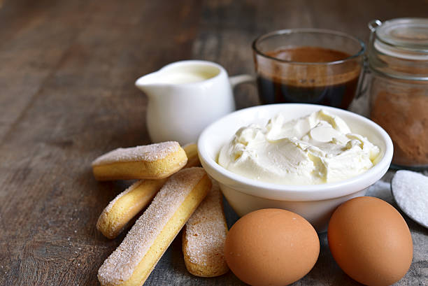 Ingredients for making traditional italian dessert tiramisu.