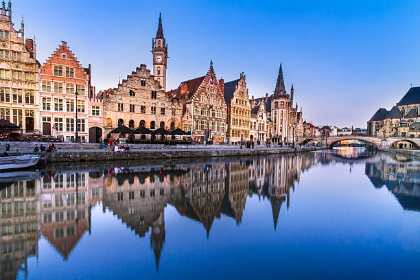 Leie river bank in Ghent, Belgium, Europe. Picturesque medieval buildings overlooking the "Graslei harbor" on Leie river in Ghent town, Belgium, Europe. flanders belgium photos stock pictures, royalty-free photos & images