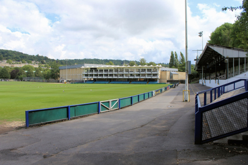 Bath, England - August 5, 2014: A view of the Bath Rugby Club pitch and stadium, taken from outside the ground