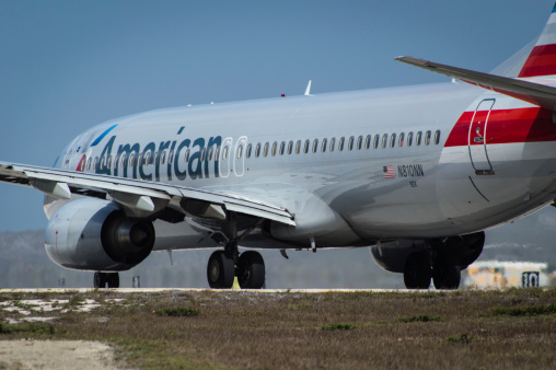 Curacao,Netherlands Antilles - July 26, 2014: An American Airlines Boeing 737 Taxiing towards the runway.