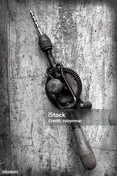 Vintage Hand Drill With Grunge Effects Stock Photo - Download Image Now - Aerial View, Antique, Black And White