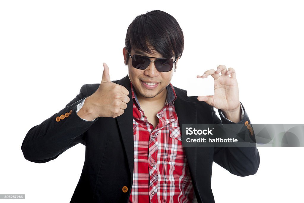 Asian man thumbs up with a card Asian man thumbs up with a card isolated on white background Adult Stock Photo