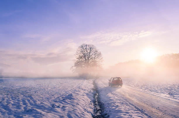 istock Car silhouette through fog on a winter morning 505290262