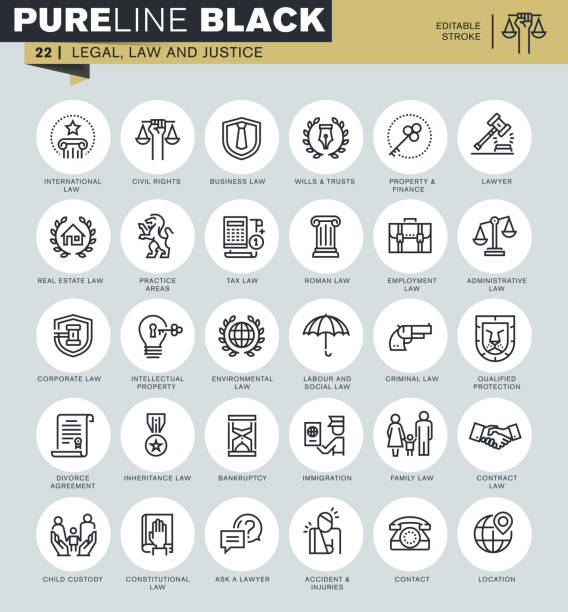 Thin line icons set of legal, law and justice Thin line icons set of legal, law and justice. Icons for website and mobile website and apps with editable stroke.  tax symbols stock illustrations