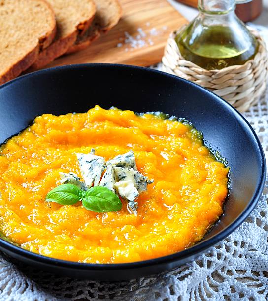 istock Pumpkin soup with blue cheese and olive oil 505292254