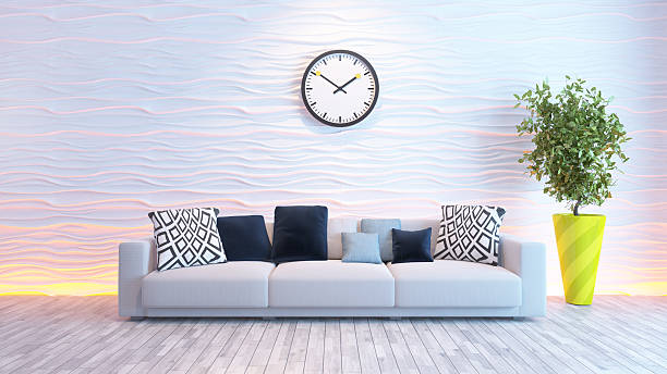 living room with big watch on white wave wall