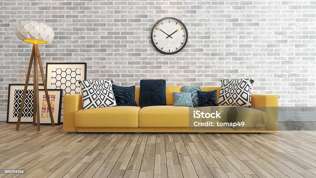 Living Room With Big Watch White Brick Wall Stock Photo - Download Image  Now - Living Room, Sofa, Indoors - iStock