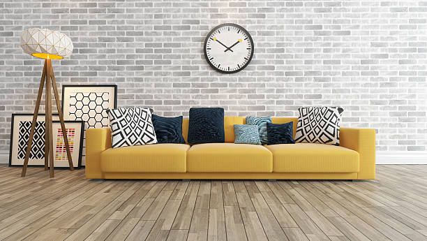 living room with big watch white brick wall living room or saloon interior design with big wall yellow seat or sofa and picture frames watch 3d rendering wooden bleachers stock pictures, royalty-free photos & images