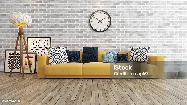 Living Room With Big Watch White Brick Wall Stock Photo - Download Image Now - Living Room, Domestic Room, Sofa