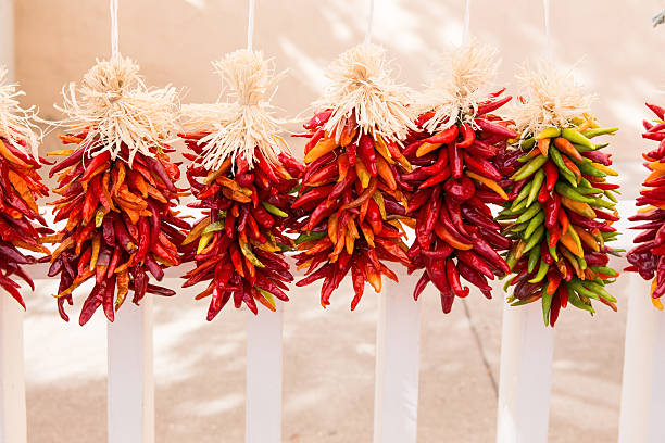 New Mexico Chilies hanging on a fence to dry. An iconic Santa Fe scene of chilies strung on rope and hung to dry outside.  santa fe new mexico stock pictures, royalty-free photos & images