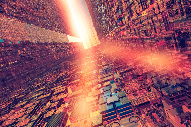 Futuristic cityscape flying high above.