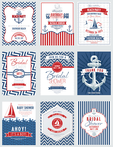 Nautical Theme Party Invitations collection. Features an anchor, compass rose, sailboat, seagull, chevron patterns and hand drawn anchor. Lots of elements . There is a frame in the centre with text.