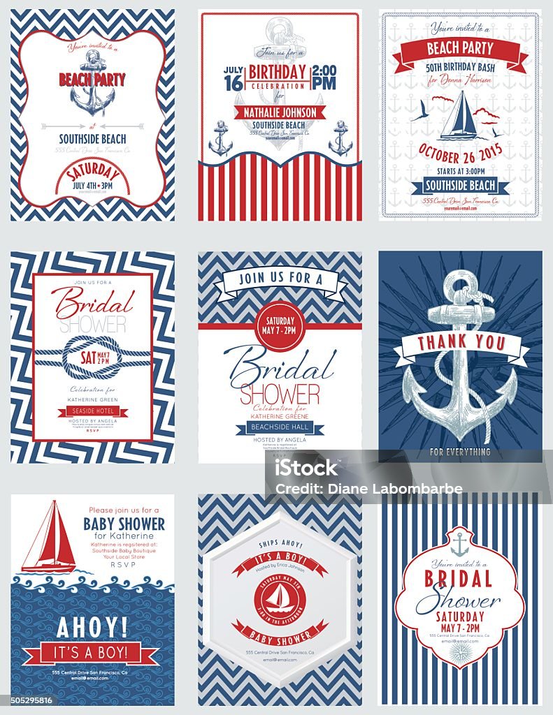 Nautical Theme Party Invitations Set Nautical Theme Party Invitations collection. Features an anchor, compass rose, sailboat, seagull, chevron patterns and hand drawn anchor. Lots of elements . There is a frame in the centre with text. Nautical Vessel stock vector