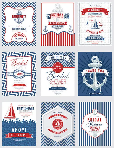 Vector illustration of Nautical Theme Party Invitations Set