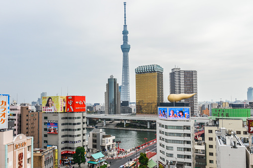Tokyo, Japan - November 22, 2015: Famous Tokyo Skytree. Photo taken during an overcast day and contains several buildings amid the Tokyo Skytree.