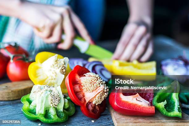 Hands With Fresh Vegetables Stock Photo - Download Image Now - Pepper - Vegetable, Chopping Food, Cutting