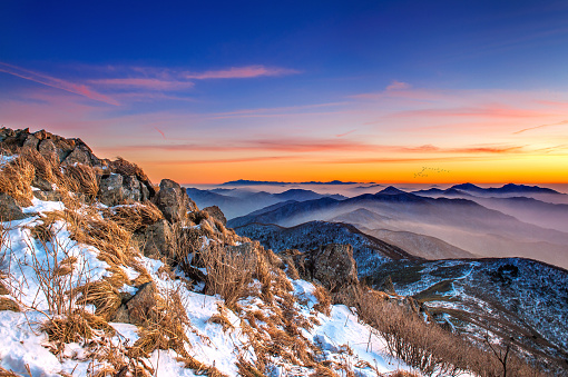 Beautiful Landscape at sunset on Deogyusan National Park in winter,South Korea.