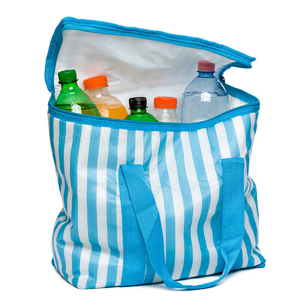 Open striped cooler bag with full of cool refreshing drinks