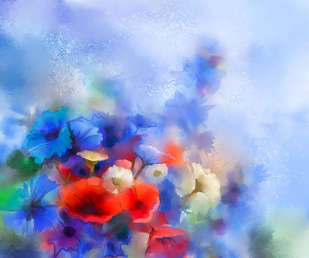 ilustraciones, imágenes clip art, dibujos animados e iconos de stock de flores de amapola acuarela rojo, azul, blanco, azulejo margarita pintura - poppy pink close up cut flowers