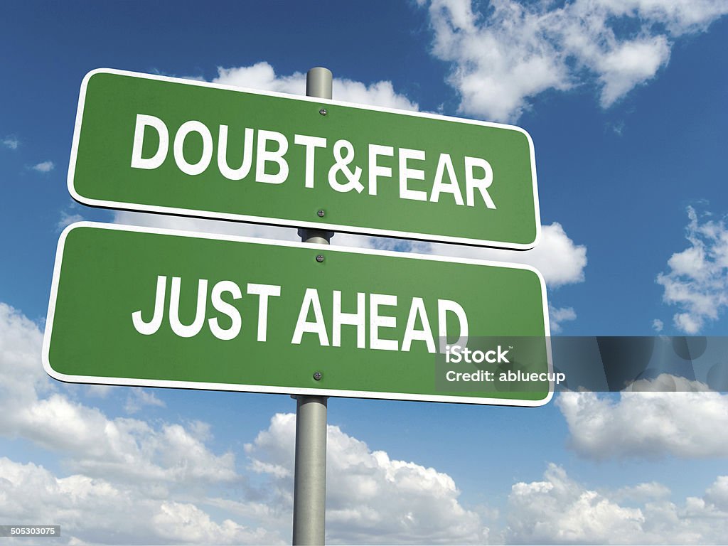 doubt fear A road sign with doubt fear words on sky background Fear Stock Photo