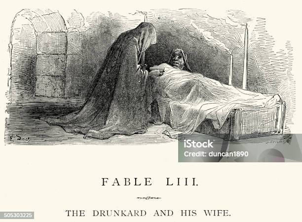 ラフォンティーヌの伝説drunkard と彼の妻 - 木版画のベクターアート素材や画像を多数ご用意 - 木版画, 19世紀風, おとぎ話