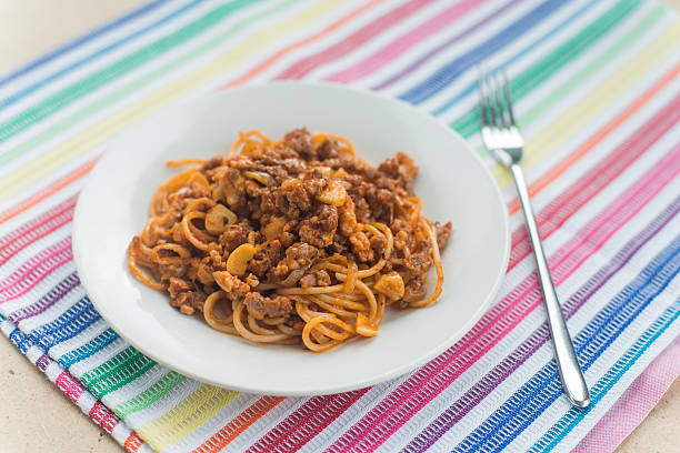istock Spaghetti with meat in the white plate 505303286