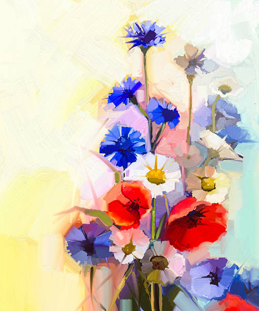 istock Oil painting red poppy flowers, blue cornflower and white daisy 505303382
