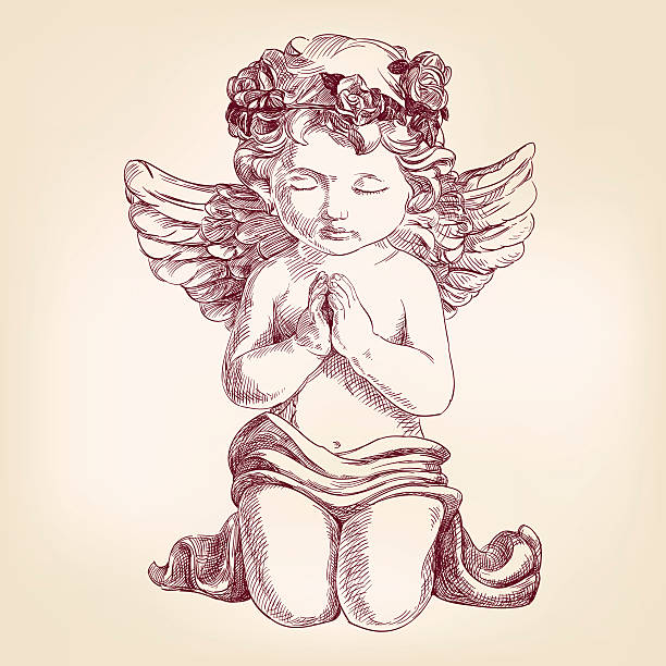 stockillustraties, clipart, cartoons en iconen met angel prays on his knees hand drawn vector llustration  realistic - engel