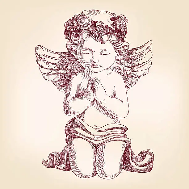 Vector illustration of angel prays on his knees hand drawn vector llustration  realistic