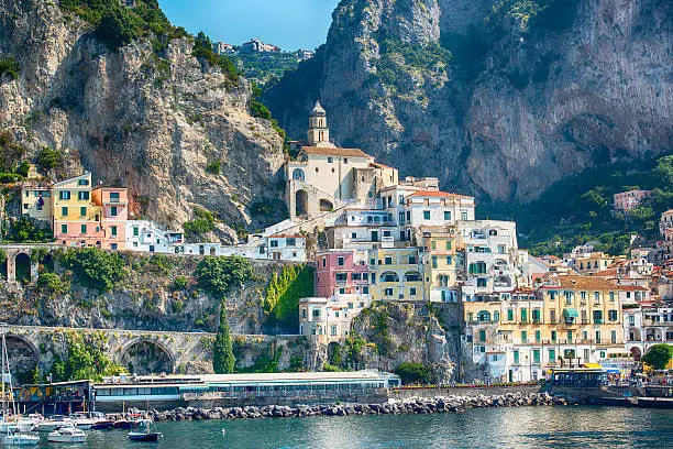 Panormaic view of the town of Amfalfi, province of Salerno and region Campania, Italy. Amalfi and the coast on the Tyrrhenian Sea where the it is located is an important tourist destination, the town itself is included in the UNESCO World Heritage Sites.