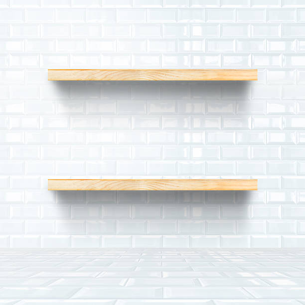 istock white tile room with wooden shelf, Mock up 505304870