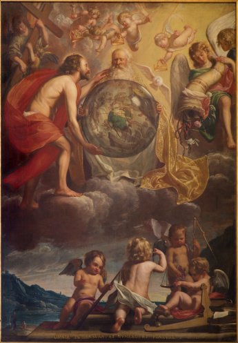 Bruges, Belgium - June 13, 2014: Paint of the Holy Trinity at the creation probably by Jan Anton Garemjin (1712 - 1799) in st. Giles (Sint Gilliskerk).