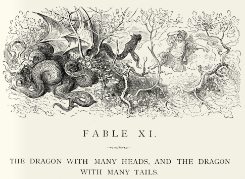 Vintage engraving from La Fontaine's Fables, Illustraed by Gustave Dore. The Dragon with many heads, and the Dragon with many tails