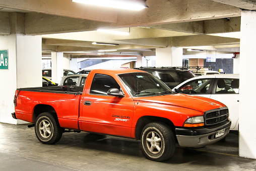 Temuco, Chile - November 22, 2015: Motor car Dodge Dakota is parked at the underground parking.