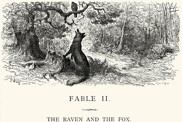La Fontaine's Fables - Raven and the Fox Vintage engraving from La Fontaine's Fables, Illustraed by Gustave Dore. The Raven and the Fox allegory painting stock illustrations